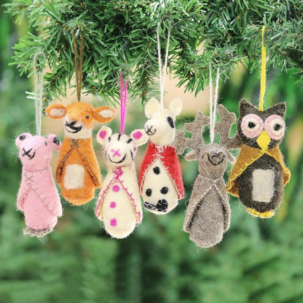 Animal-Themed Wool Ornaments from India Set of 6 'Woodland Animals'