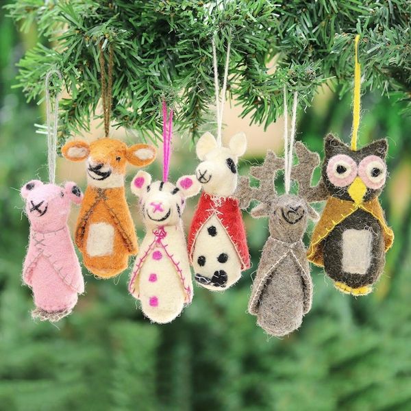 Alternate image for Animal-Themed Wool Ornaments from India Set of 6 Woodland Animals