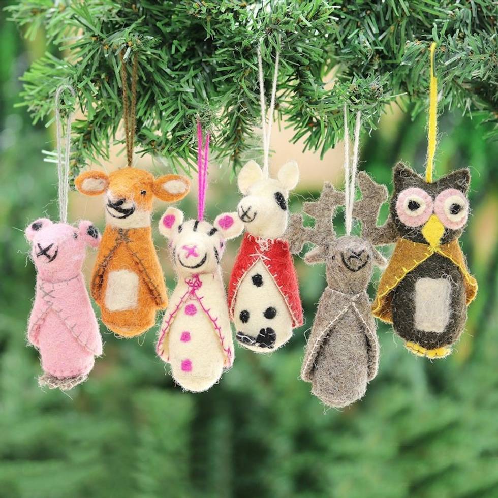 Animal-Themed Wool Ornaments from India Set of 6 'Woodland Animals'