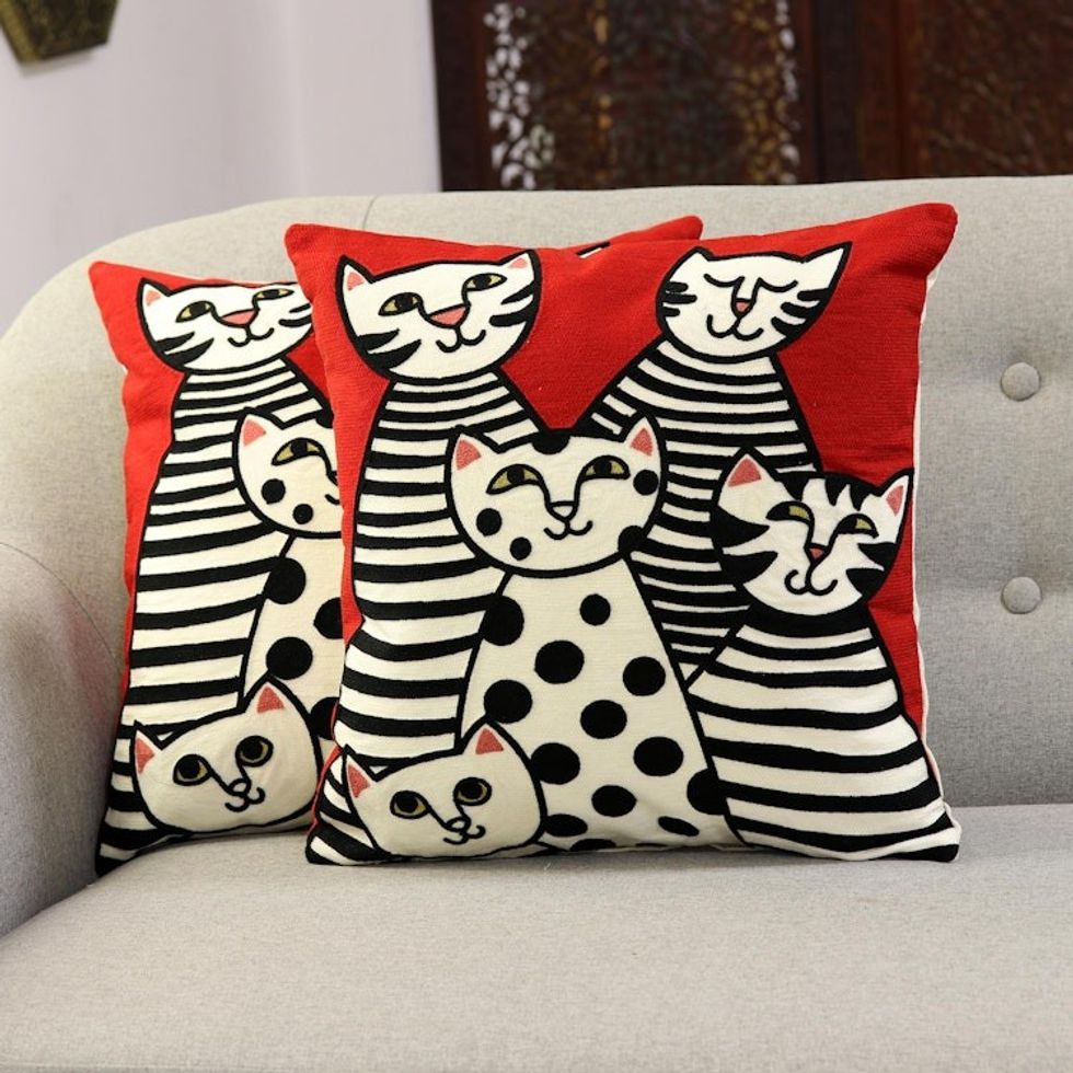 Cat-Themed Embroidered Cotton Cushion Covers Pair 'Cat Family'