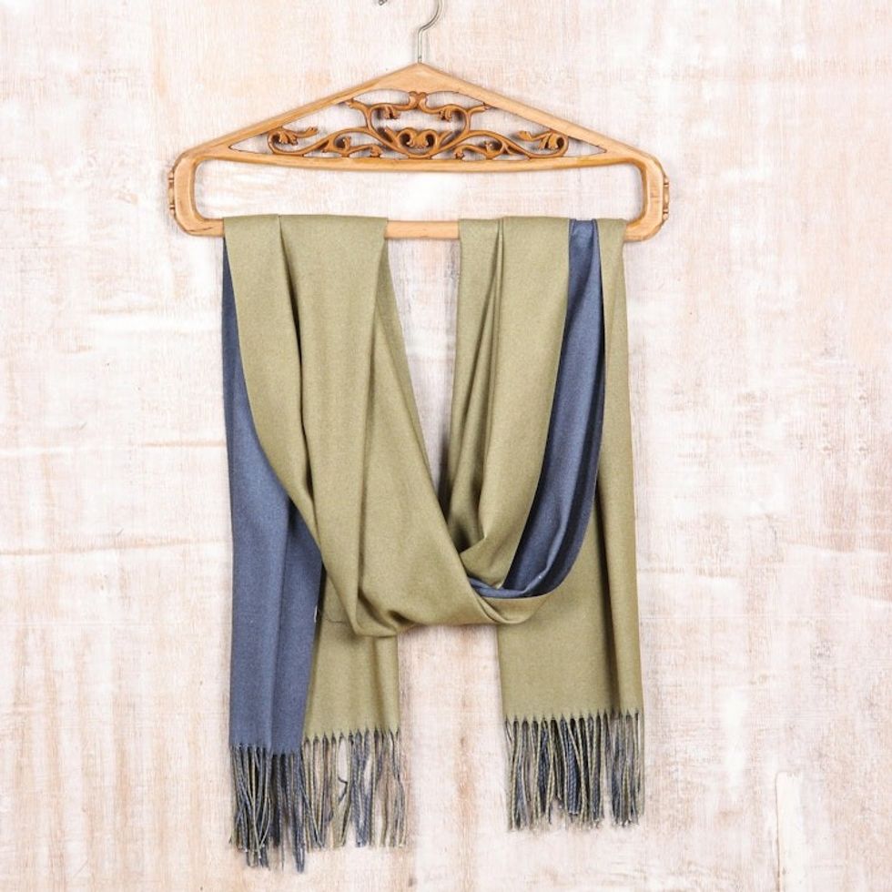 Reversible Indian Cashmere Wool Blue and Green Shawl 'Dual Delight'