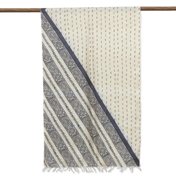 Alternate image for Hand Woven Striped Indian Silk Shawl in Ivory and Coal Black Midnight Flock