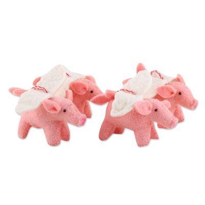 Alternate image for Set of 4 Handcrafted Wool Felt Pig Ornaments from India Flying Piggies