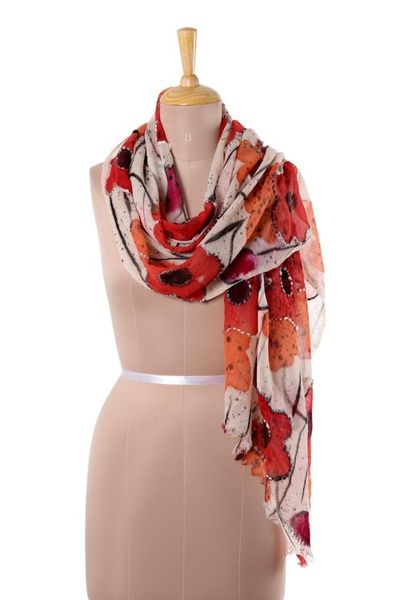 Alternate image for Red and Orange Floral Wool Shawl from India Morning Allure