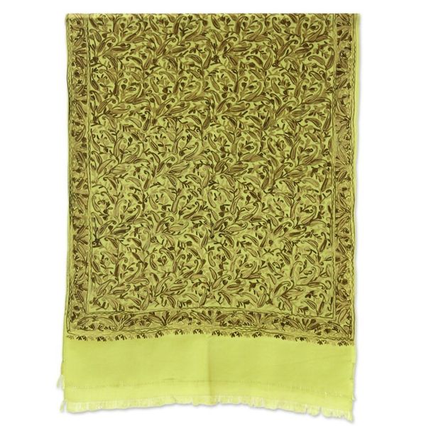 Alternate image for Green Chain Stitch Embroidery India Wool Shawl Floral Greenery