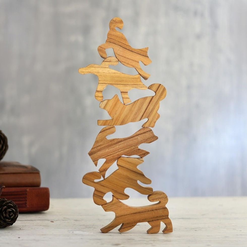Hand Made Teak Dog-Themed Stacking Game 6 Pieces 'Ninja Dogs'