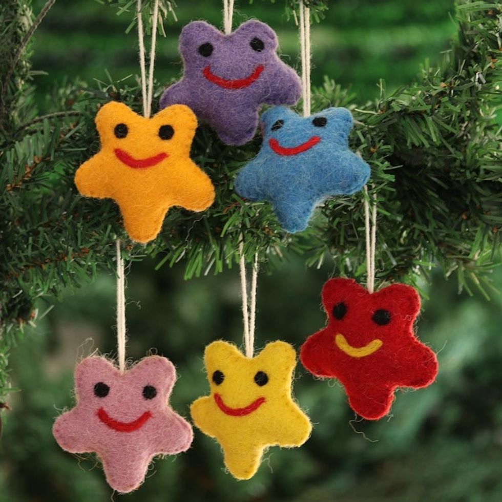 Assorted Wool Felt Star Ornaments from India Set of 6 'Cheery Stars'