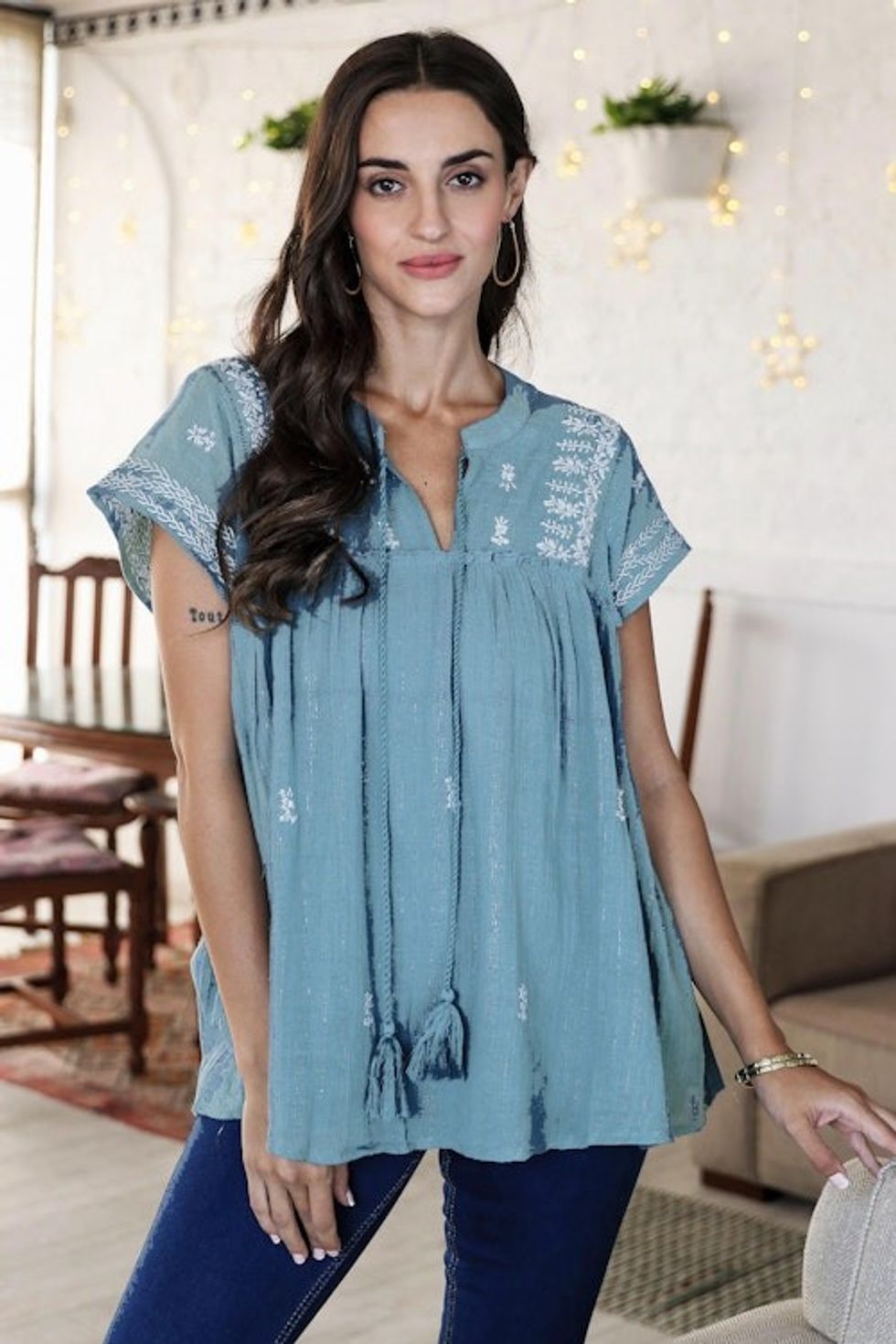 Hand Embroidered Teal Cotton Blouse 'Casual Charm'