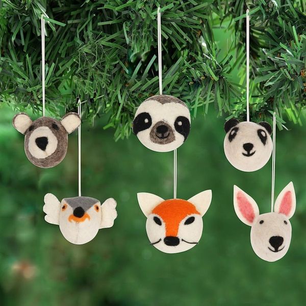 Alternate image for Hand Crafted Animal Face Wool Felt Ornaments Set of 6 Happy Animals