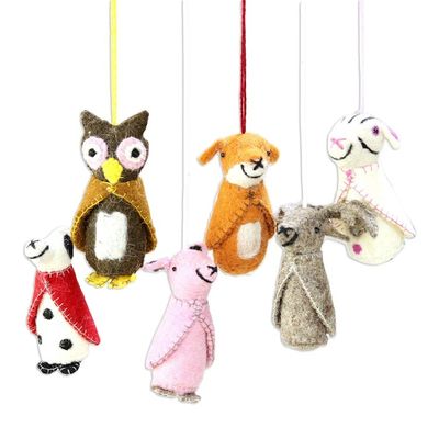 Alternate image for Animal-Themed Wool Ornaments from India Set of 6 Woodland Animals