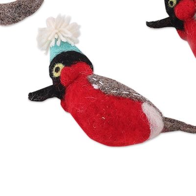 Alternate image for Set of 6 Wool Felt Red Bird Ornaments Handcrafted in India Holiday Sonata