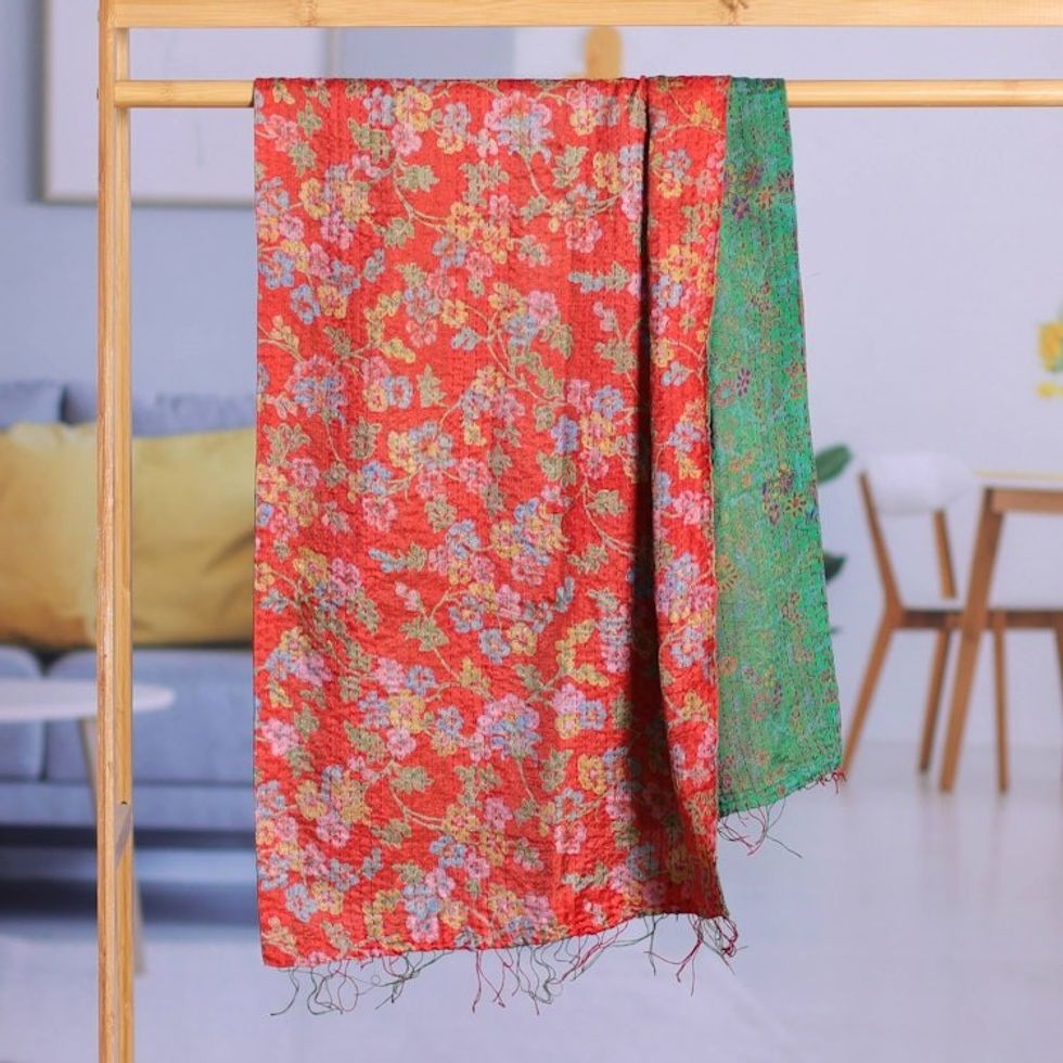 Embroidered Floral Red and Green Reversible Silk Scarf 'Oneiric Flora'