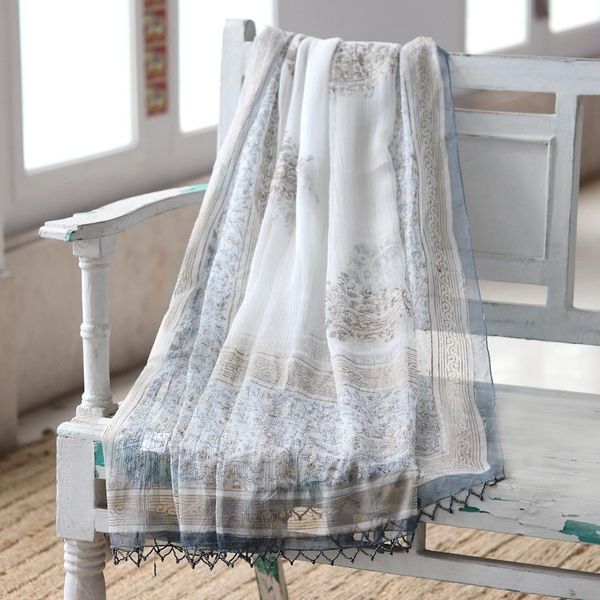 Alternate image for Block-Printed Paisley-Motif Viscose Shawl Grey Paisley