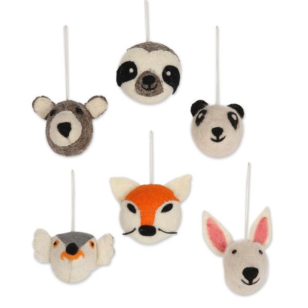 Alternate image for Hand Crafted Animal Face Wool Felt Ornaments Set of 6 Happy Animals