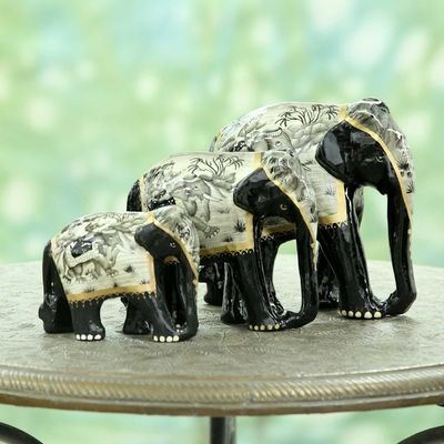Alternate image for Set of 3 Hand-Painted Carved Wood Elephant Sculptures Grey Elephant Trio