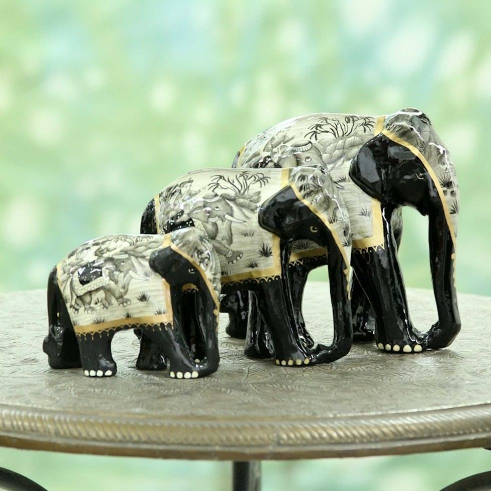 Set of 3 Hand-Painted Carved Wood Elephant Sculptures 'Grey Elephant Trio'