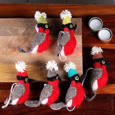 Alternate image for Set of 6 Wool Felt Red Bird Ornaments Handcrafted in India Holiday Sonata