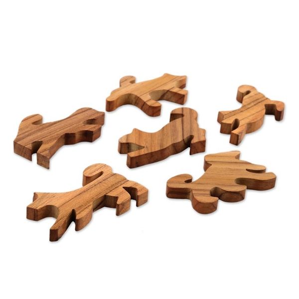 Alternate image for Hand Made Teak Dog-Themed Stacking Game 6 Pieces Ninja Dogs