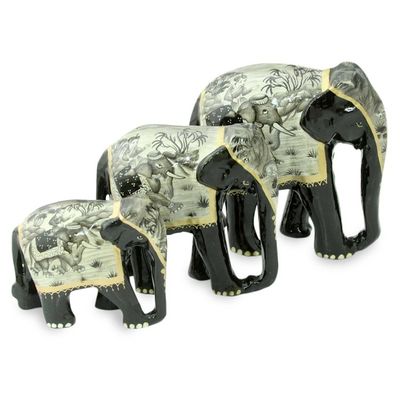 Alternate image for Set of 3 Hand-Painted Carved Wood Elephant Sculptures Grey Elephant Trio