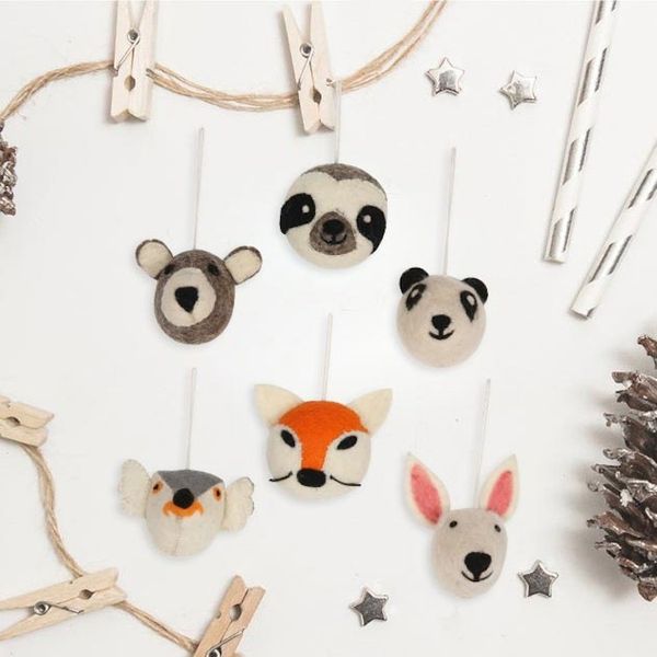 Alternate image for Hand Crafted Animal Face Wool Felt Ornaments Set of 6 Happy Animals