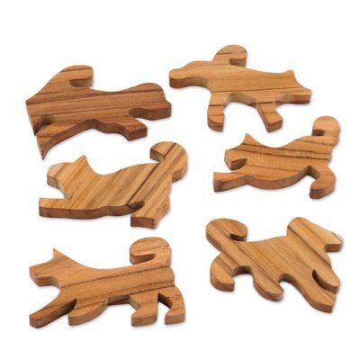 Alternate image for Hand Made Teak Dog-Themed Stacking Game 6 Pieces Ninja Dogs