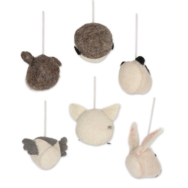 Alternate image for Hand Crafted Animal Face Wool Felt Ornaments Set of 6 Happy Animals