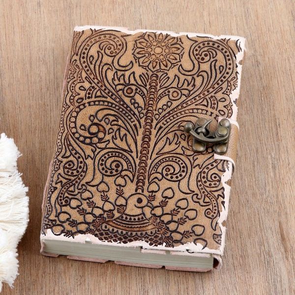 Alternate image for Embossed Cotton and Leather Peacock-Motif Journal Peacock Glory