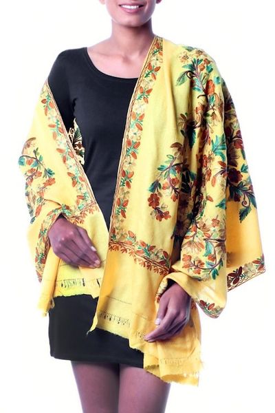 Alternate image for India Yellow Floral Shawl with Chain Stitch Embroidery Flowers in the Sun