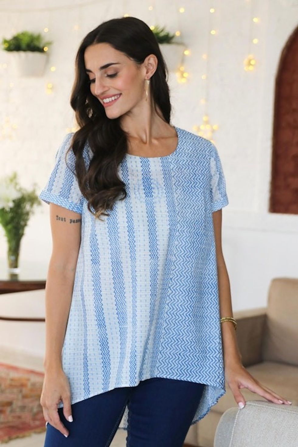 Block Printed White Cotton Top with Light Blue Stripe Detail 'Waves of Blue'