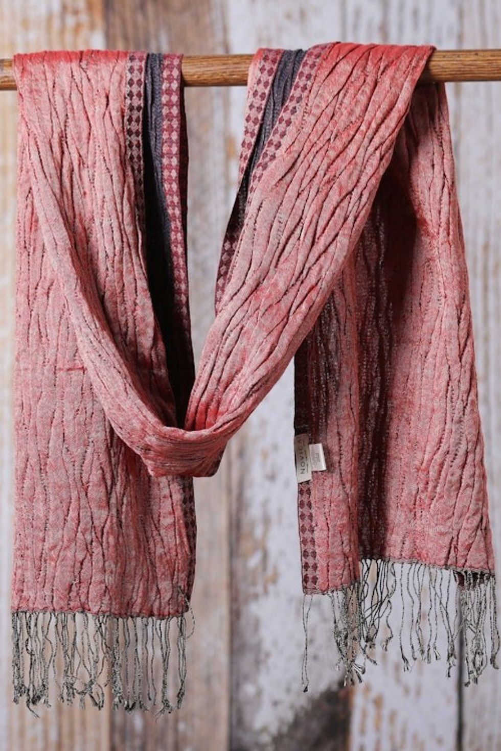 Woven Wool Blend Fringed Scarf in Red with Wavy Texture 'Crimson Ripples'