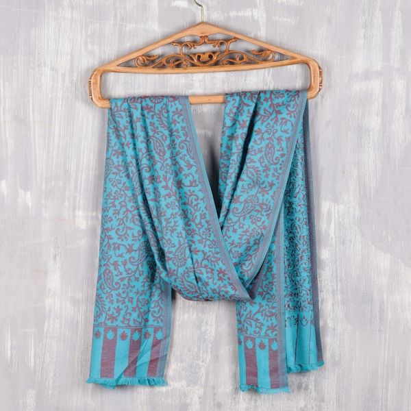 Alternate image for Blue and Red Jacquard Woven Shawl from India Paisley Fanfare in Cardinal