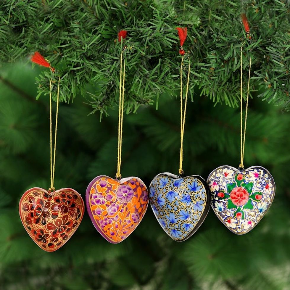 4 Artisan Crafted Papier Mache Ornaments Flower Hearts Set 'Bouquet of Hearts'