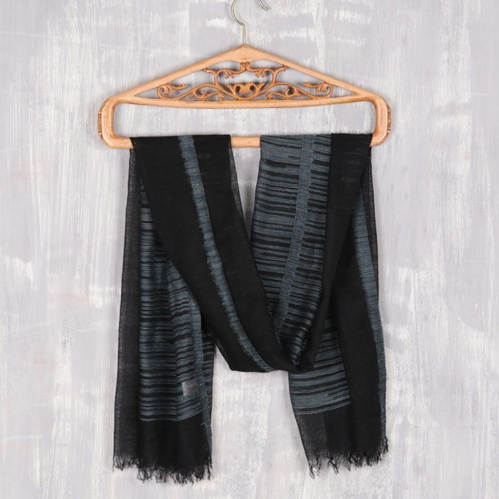 Tri-Tone Dark Wool Shawl Woven in India 'Midnight Delight'