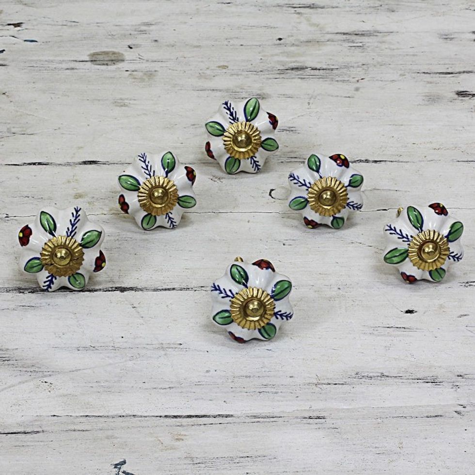 Ceramic Cabinet Knobs Floral Multicolored Set of 6 India 'Garden Glamour'