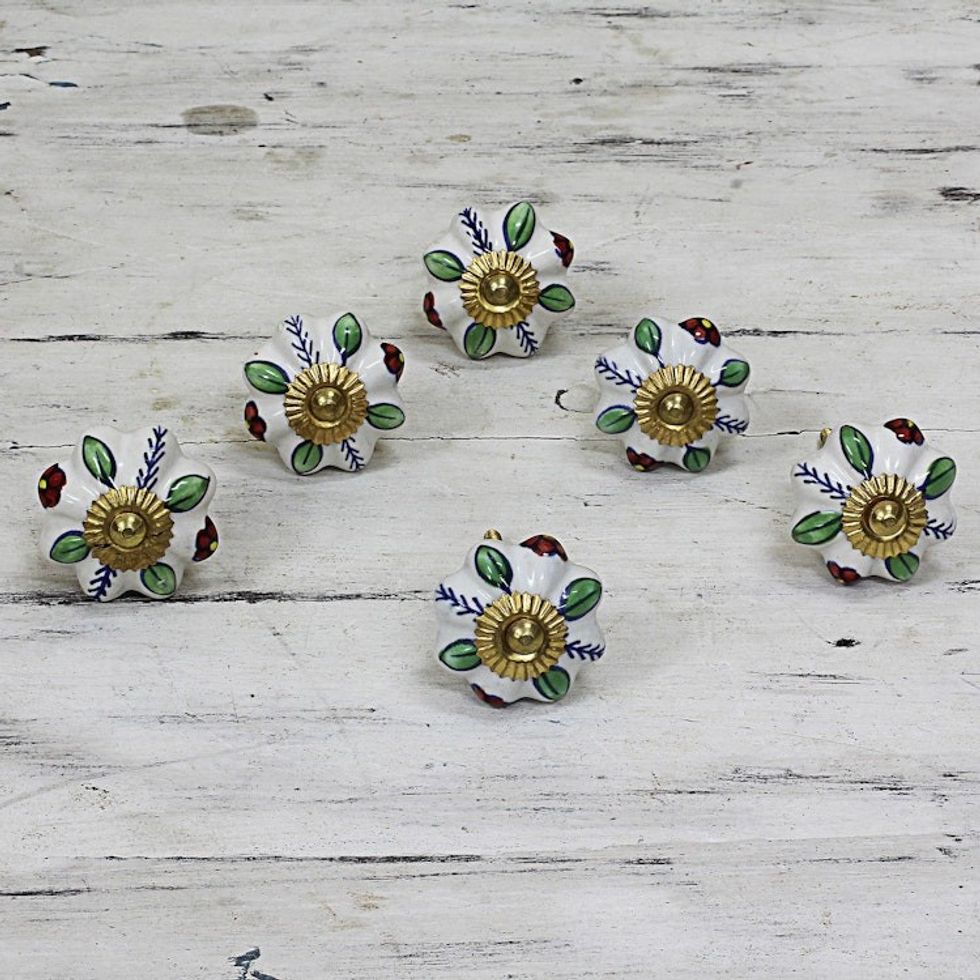 Ceramic Cabinet Knobs Floral Multicolored Set of 6 India 'Garden Glamour'