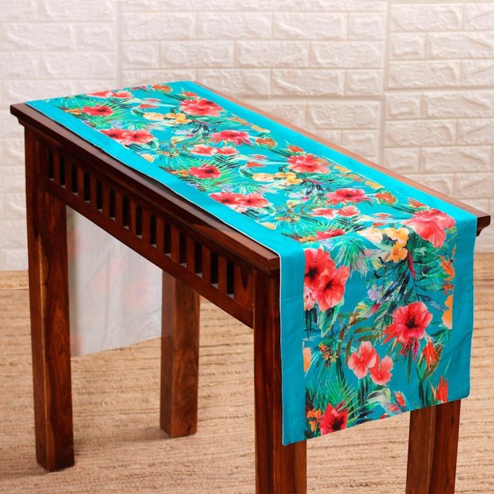 Turquoise Blue Cotton Table Runner with Floral Pattern 'Floral Greetings'