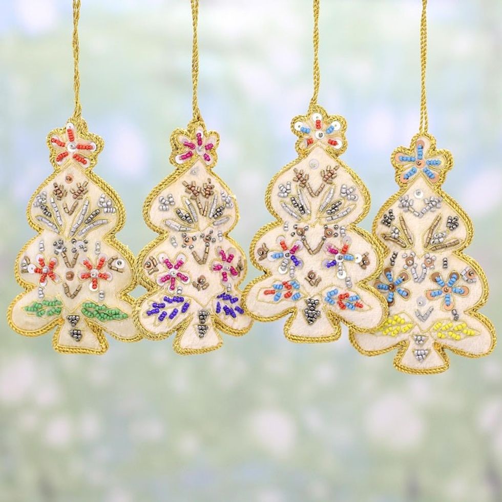 Set of Four White Christmas Tree Ornaments from India 'Happy Christmas'