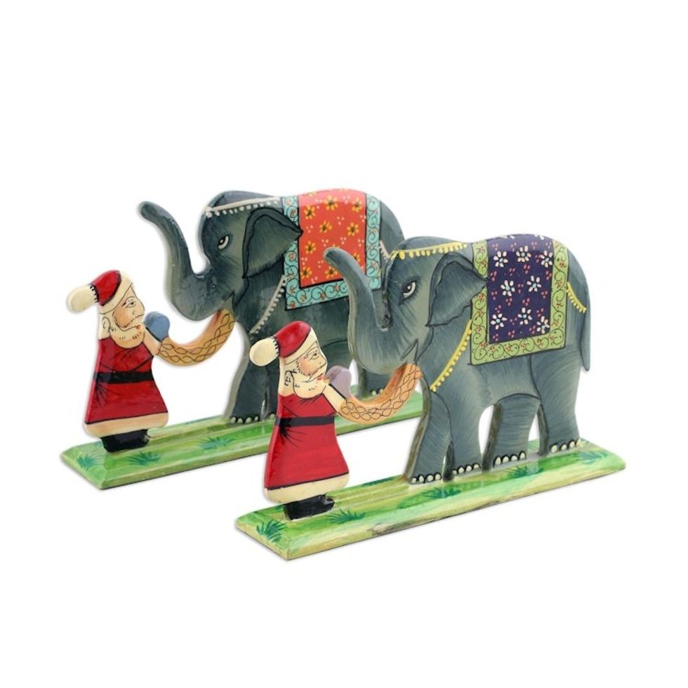 Hand Painted Christmas Decor with Santa and Elephants Pair 'Jungle Santa'