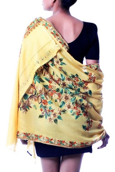 Alternate image for India Yellow Floral Shawl with Chain Stitch Embroidery Flowers in the Sun