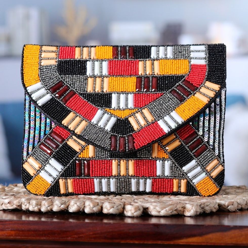 Handcrafted Geometric Beaded Clutch in Vibrant Hues 'India's Glamour'