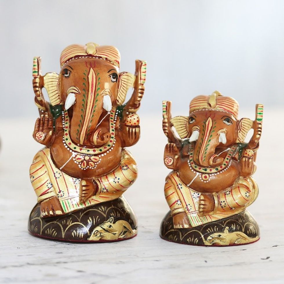 Handmade Kadam Wood and Gold Leaf Ganesha Statuette Pair 'Imperial Ganesha'