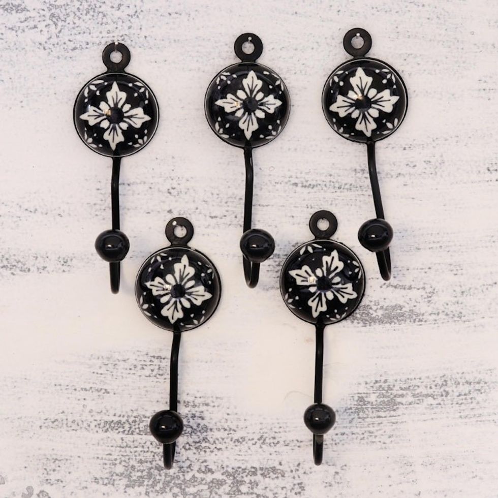 Five Floral Black and White Ceramic Coat Hooks from India 'Flower Stars'