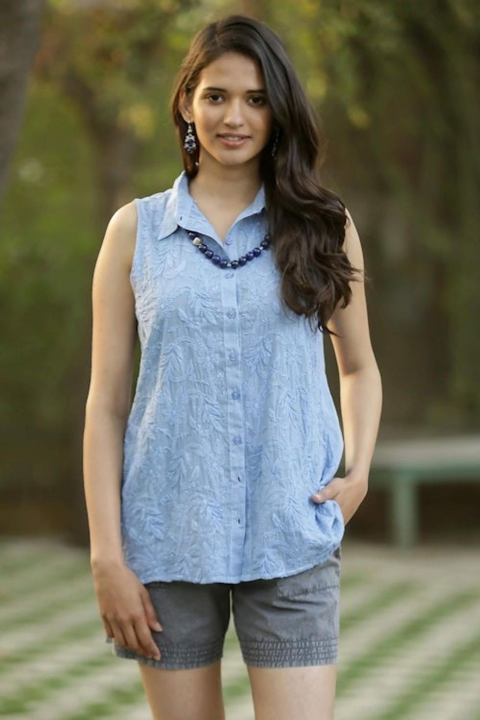 Sleeveless Blue Cotton Button Front Embroidered Blouse 'Spring Festivity in Blue'