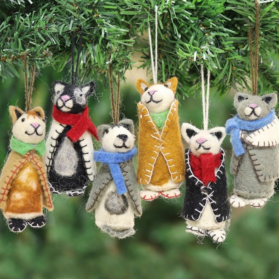 Embroidered Wool Cat Ornaments from India Set of 6 'Cozy Animals'