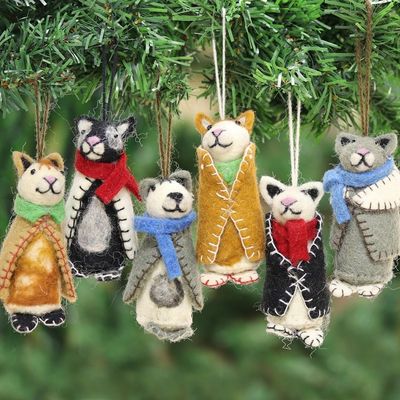 Alternate image for Embroidered Wool Cat Ornaments from India Set of 6 Cozy Animals