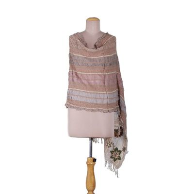 Alternate image for Woven Striped Wool Shawl with Ruffles and Floral Embroidery Floral Flair