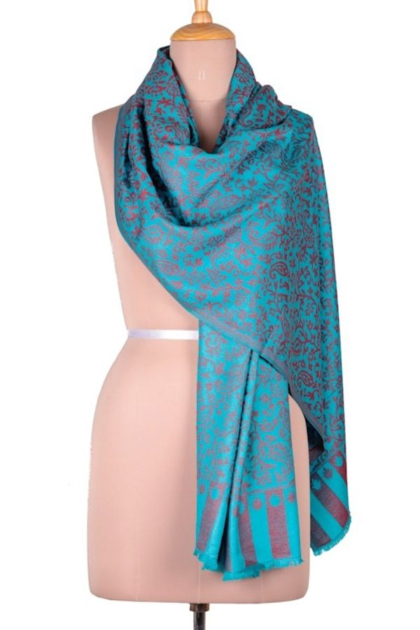 Alternate image for Blue and Red Jacquard Woven Shawl from India Paisley Fanfare in Cardinal