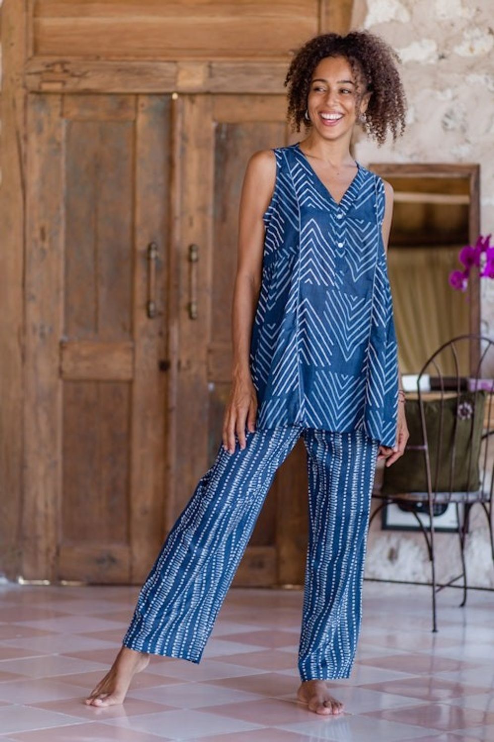 Cotton Pajama Set with Chevron and Boho-Inspired Prints 'Geometric Indigo'