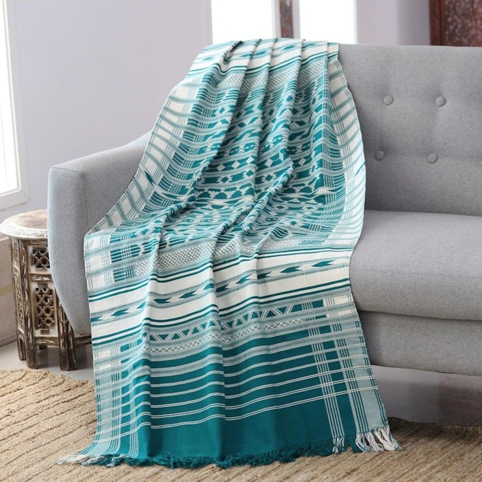 Geometric Striped Cotton Throw in Emerald and Alabaster 'Geometric Elegance in Emerald'