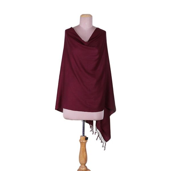 Alternate image for Fringed Wine Wool Shawl with Hand-Woven Geometric Motifs Winter Warmth in Wine